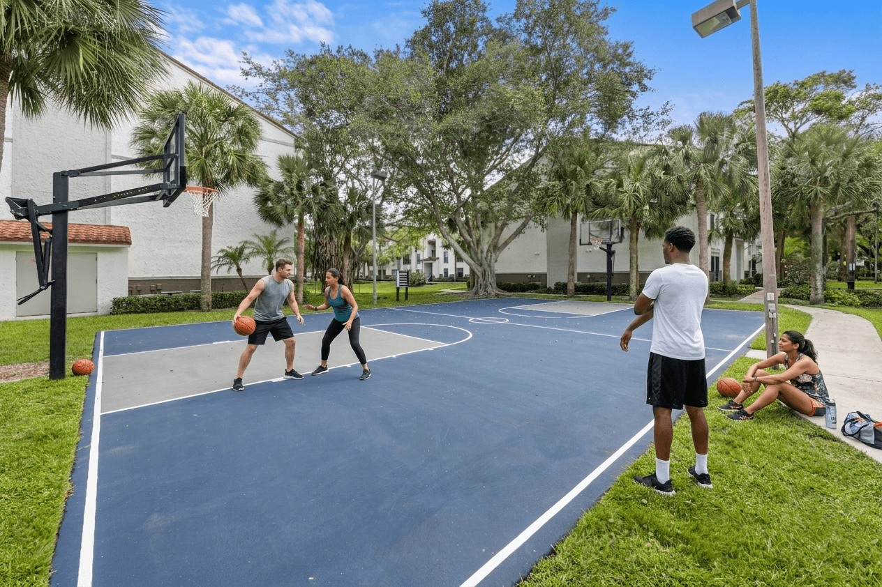 A man in a white shirt and black shorts is standing on a basketball court.